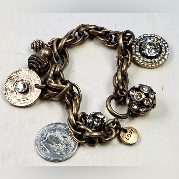 LOFT Charm Bracelet Rhinestone Antiqued Gold Tone - Picture 3 of 4